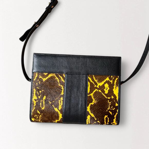 Kyu By Kesi Black Yellow Leather Crossbody Bag Faux Fur Snakeskin Clutch Purse - Picture 1 of 11
